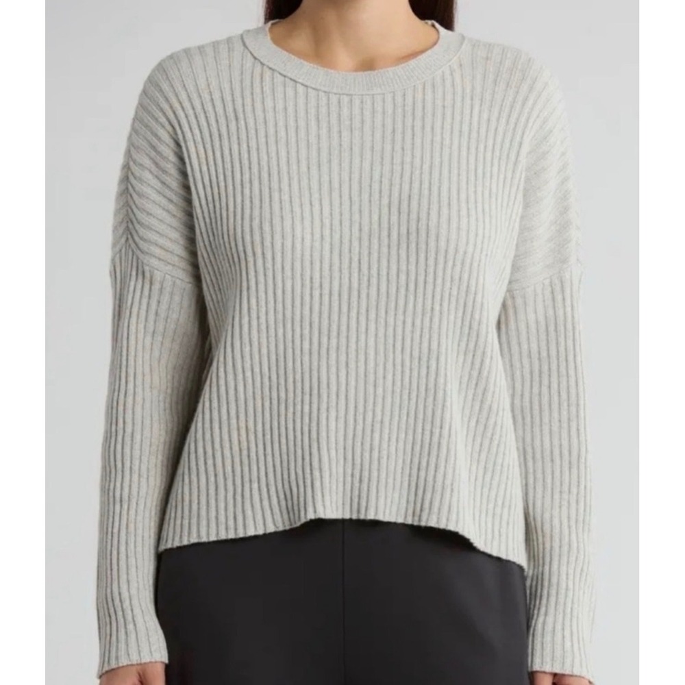 Theory Sweater Women Large Grey Excellent Cotton Cashmere‎ Ribbed Crewneck Knit